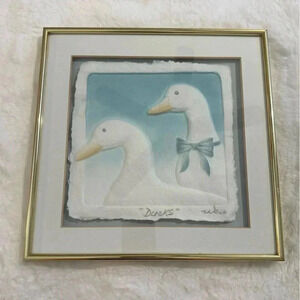 Wesley WESS Smith Ducks Hand Cast Paper Colored Framed Art MCM Signed Brass 90’s